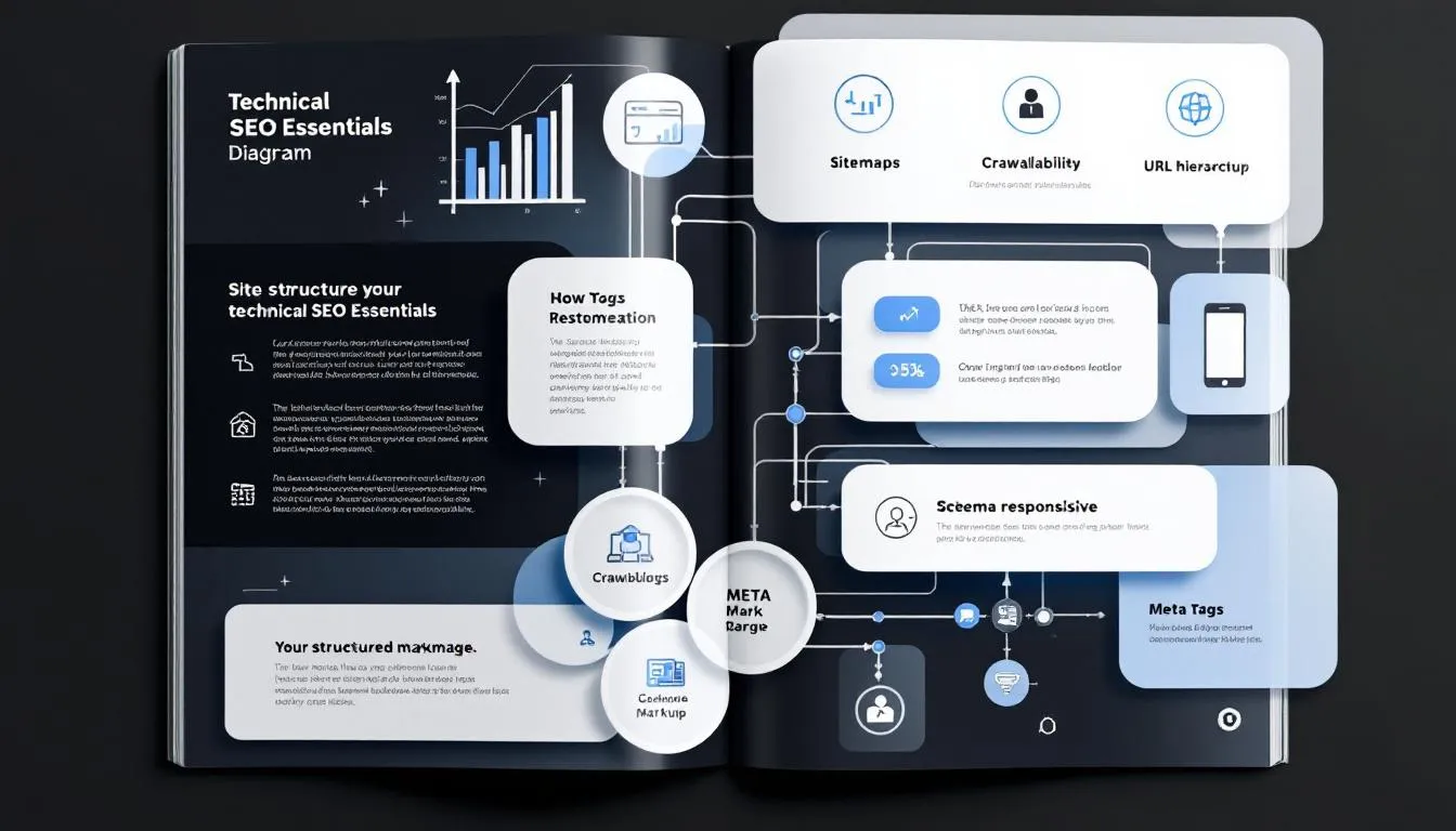 A diagram illustrating technical SEO essentials, focusing on site structure and optimization techniques.