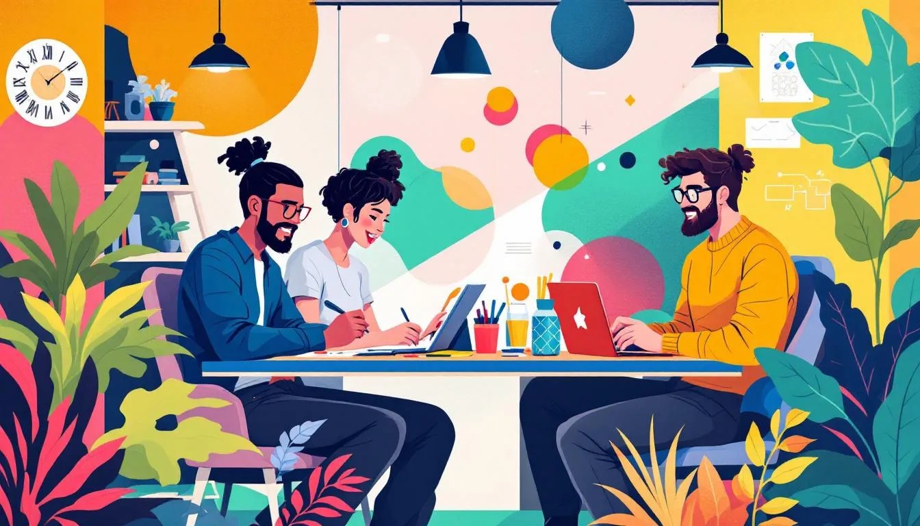 A branding agency team discussing logo design strategies.