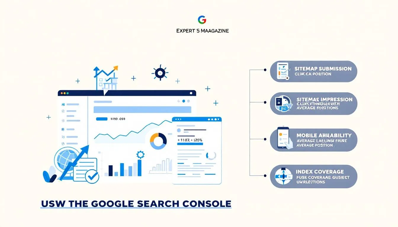 An infographic depicting how to use Google Search Console for monitoring SEO performance, including key metrics to track.