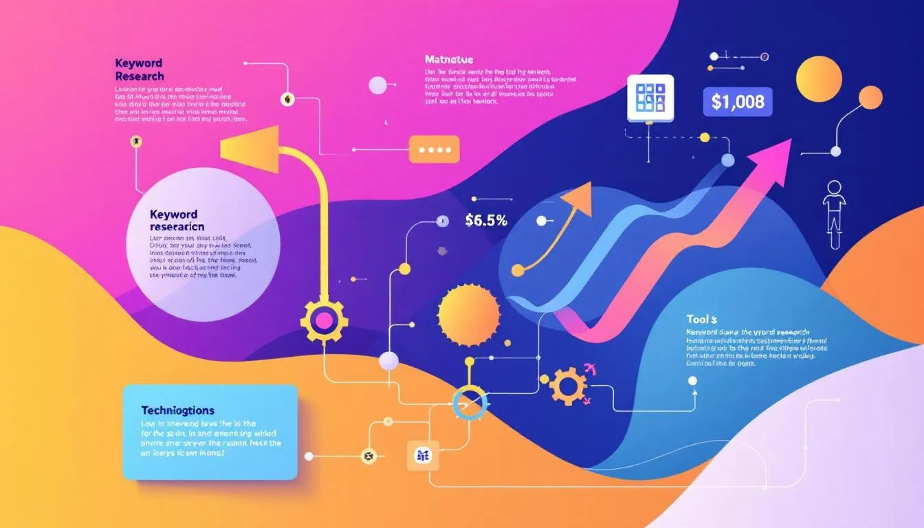 A visual representation of keyword research strategies, including tools and techniques.