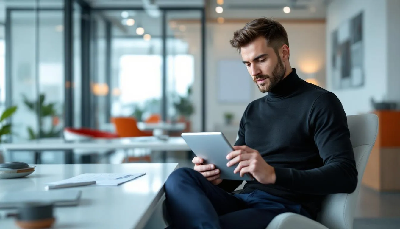 A designer reviewing logo design best practices on a tablet.