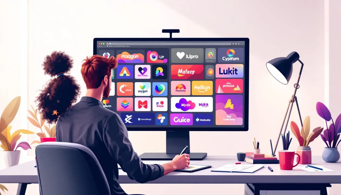 A professional logo designer at work, showcasing various logo designs.