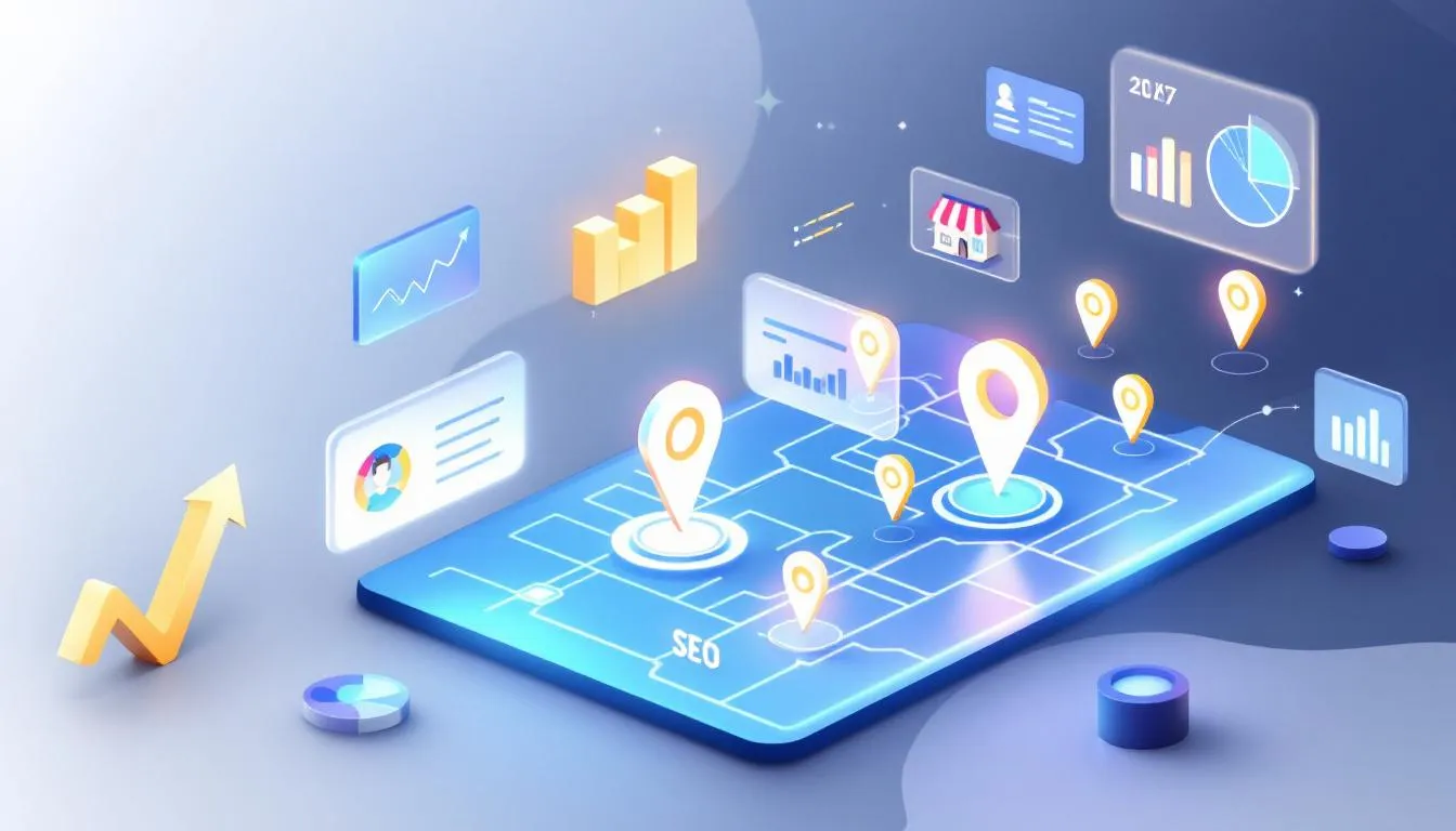 An illustration of Google Maps SEO concepts, showcasing local search results and business profiles.