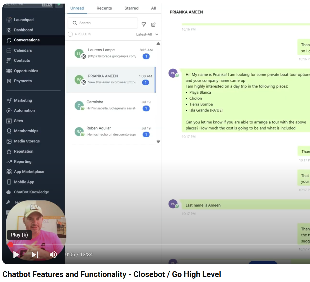 chatbot functionality closebot go high level reservation websites.