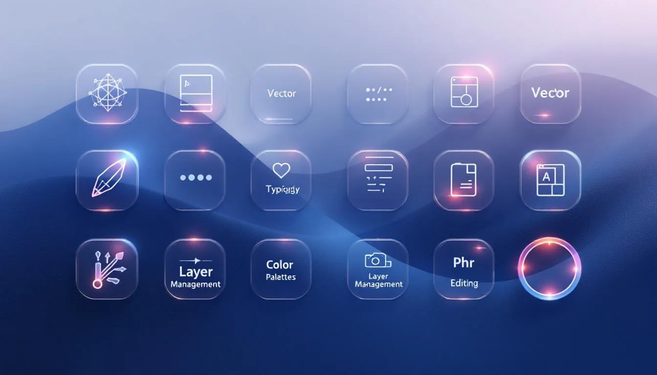 Essential features of graphic design apps illustrated with icons.
