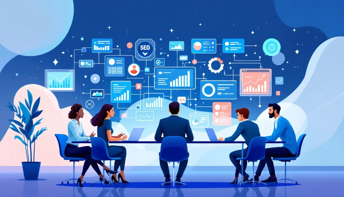 A diverse team working on SEO strategies, focusing on collaboration.