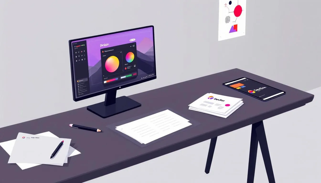 A professional logo design workspace with tools and designs in view.