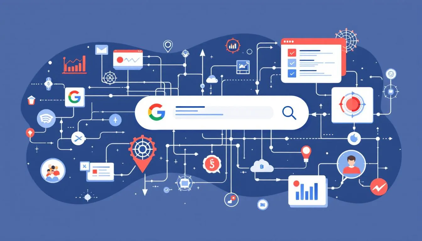 An illustration showing the concept of how Google search works, including search results and user queries.