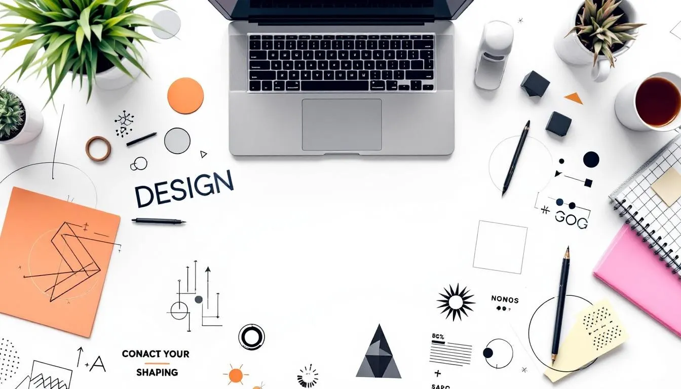 A creative workspace filled with sketches and geometric shapes for logo design.