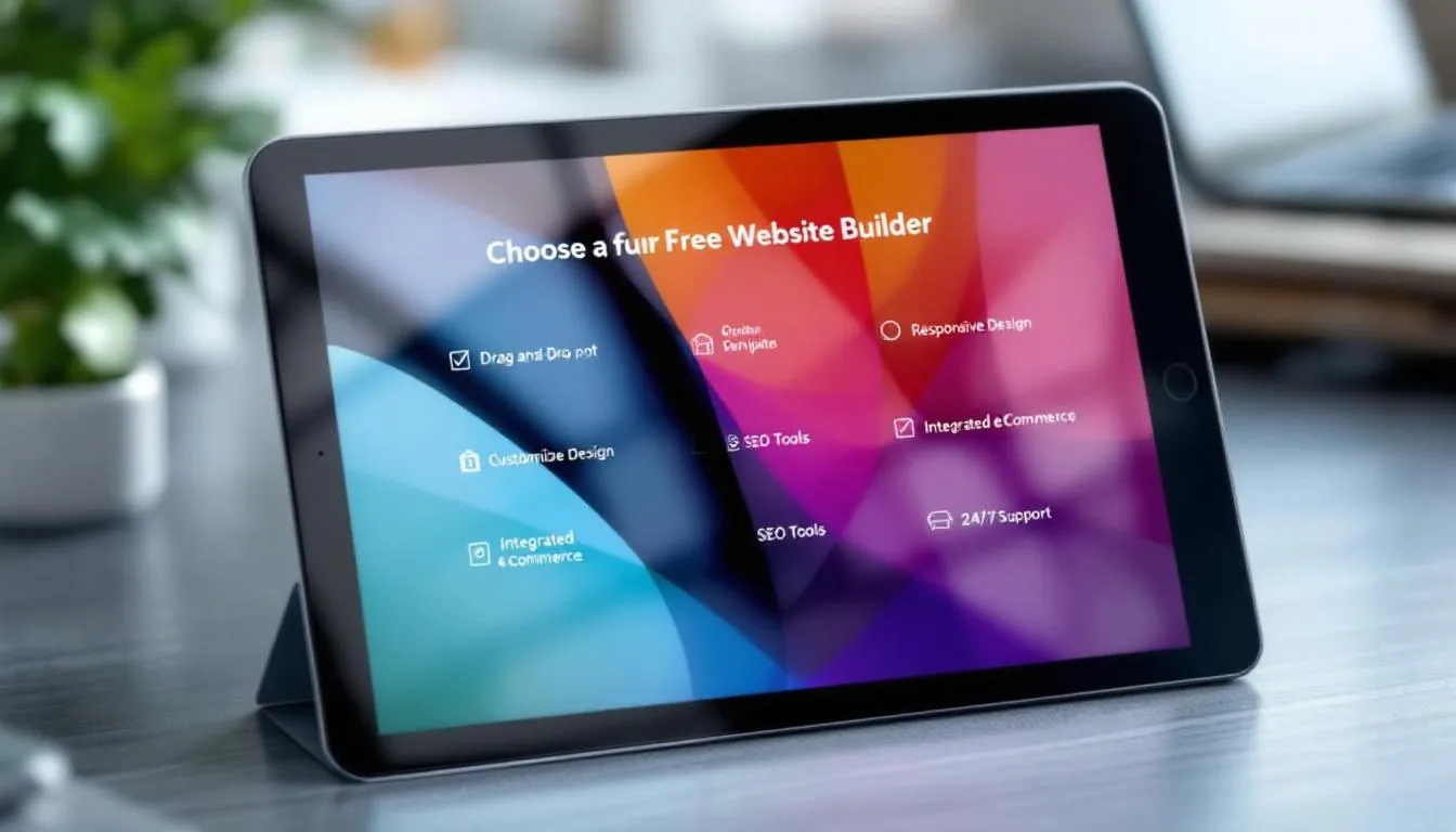 A checklist of key features for choosing a free website builder displayed on a tablet.