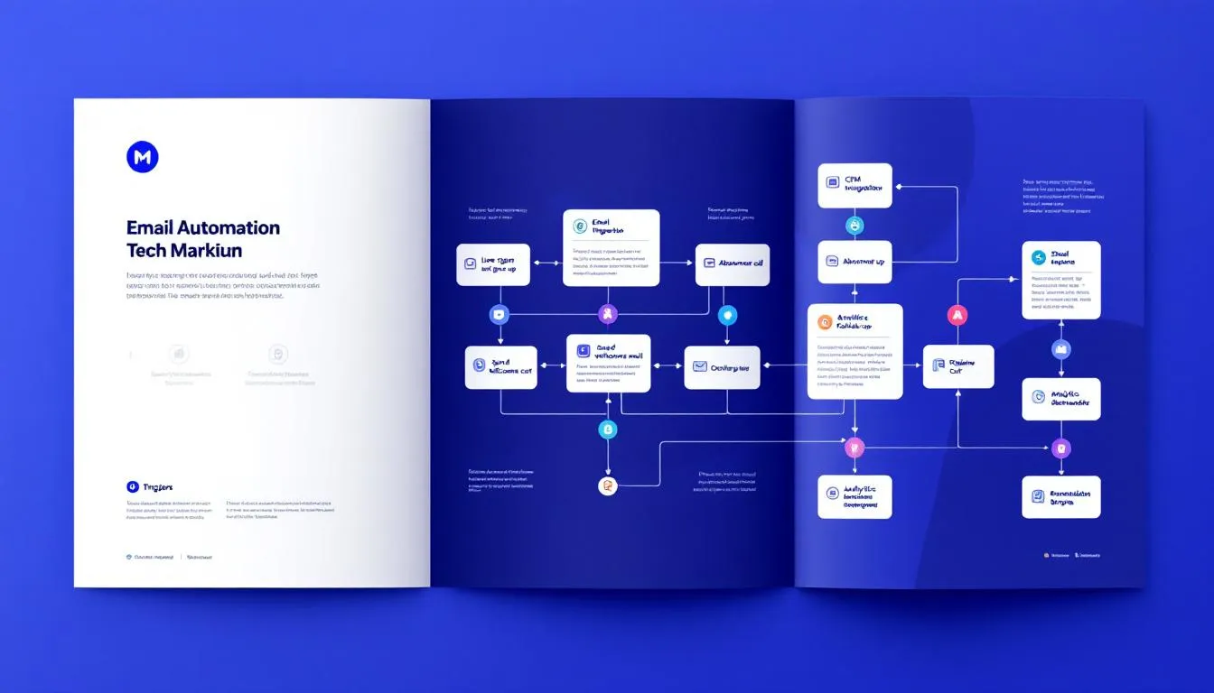 A visual guide on implementing email automation flows, featuring tools and triggers.
