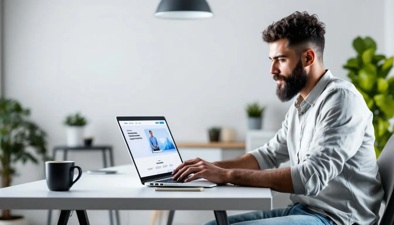A small business owner looking at a laptop, contemplating creating a free website for their business.