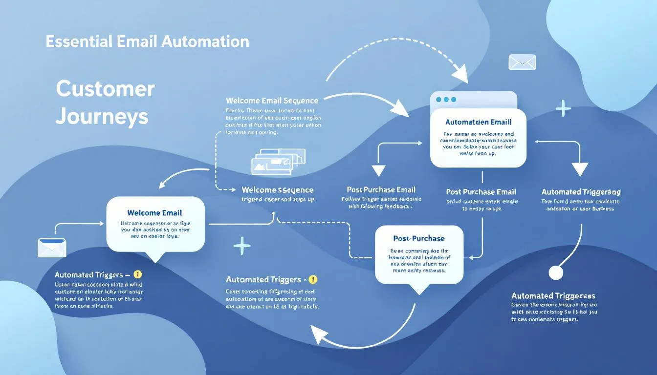 A diagram depicting essential email automation flows for businesses, including welcome emails and post-purchase emails.