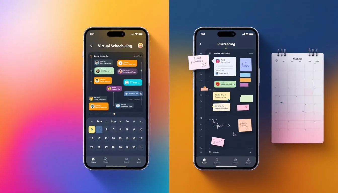 A split-screen comparison of virtual scheduling and traditional scheduling methods.