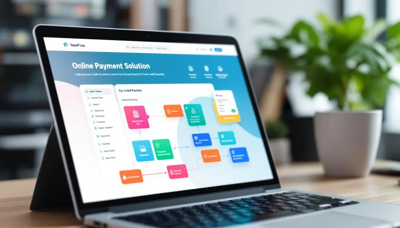 An online payment solution interface on a laptop.